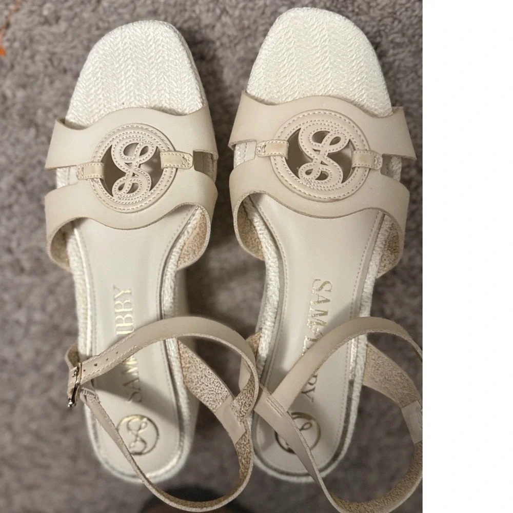 Sam Libby Camille Wedge‎ Sandals 8.5 Cream Beige Espadrille Ankle Strap Platform